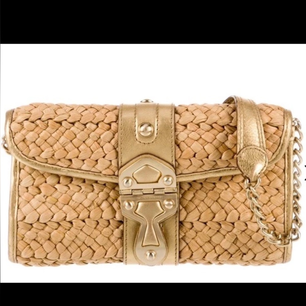 Michael Kors straw wicker shoulder purse bag gold hardware